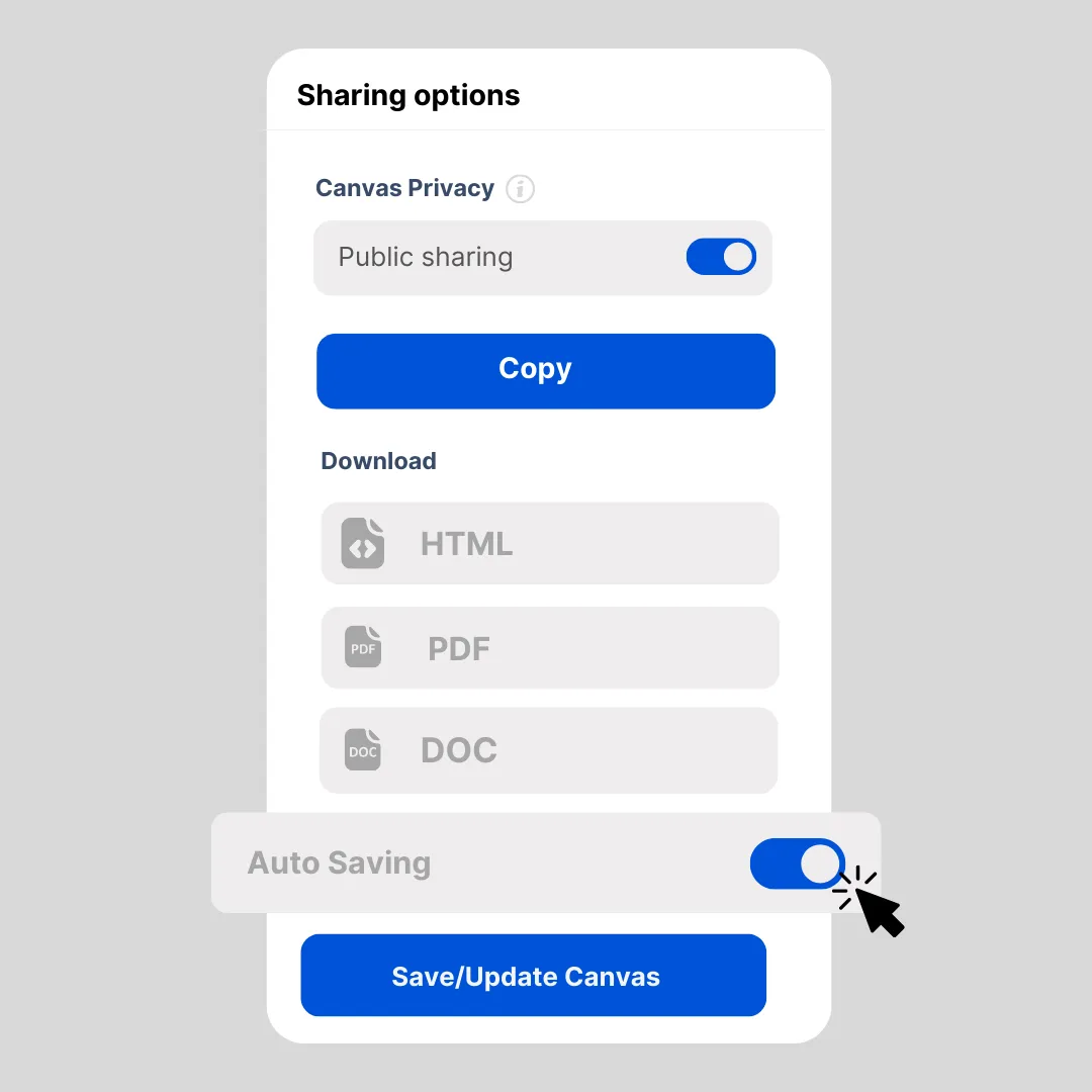 Canvas sharing options with the Auto Saving switch highlighted